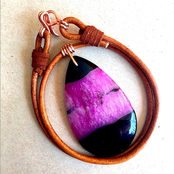 NEW Polished Agate Stone Pendant Copper Wire Wrap 16" Boho Choker Necklace - Picture 7 of 11